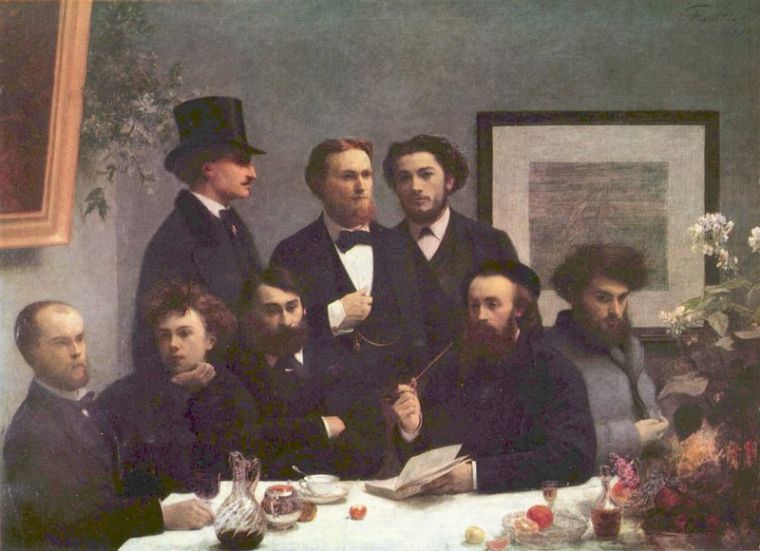 Arthur Rimbaud (second from the left) and Paul Verlaine (Second from the right) in a painting by Henri Fantin-Latour