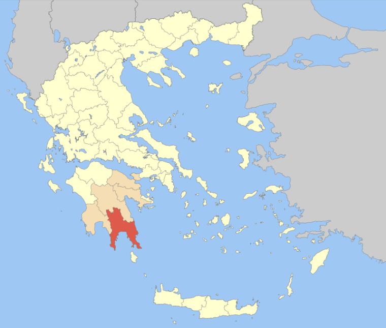 Laconia is the province in red at the bottom of Greece